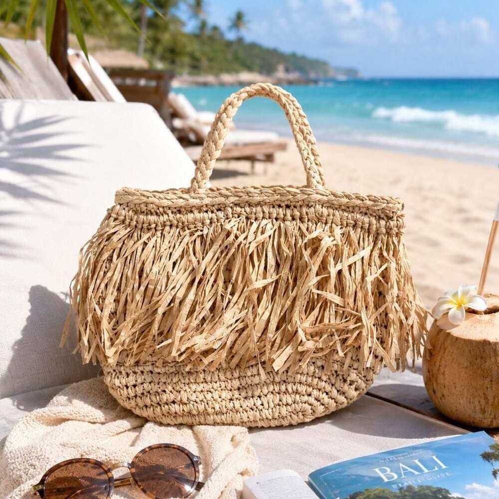 LOFT Fringe Raffia Tote Bag Straw Purse Natural Beige